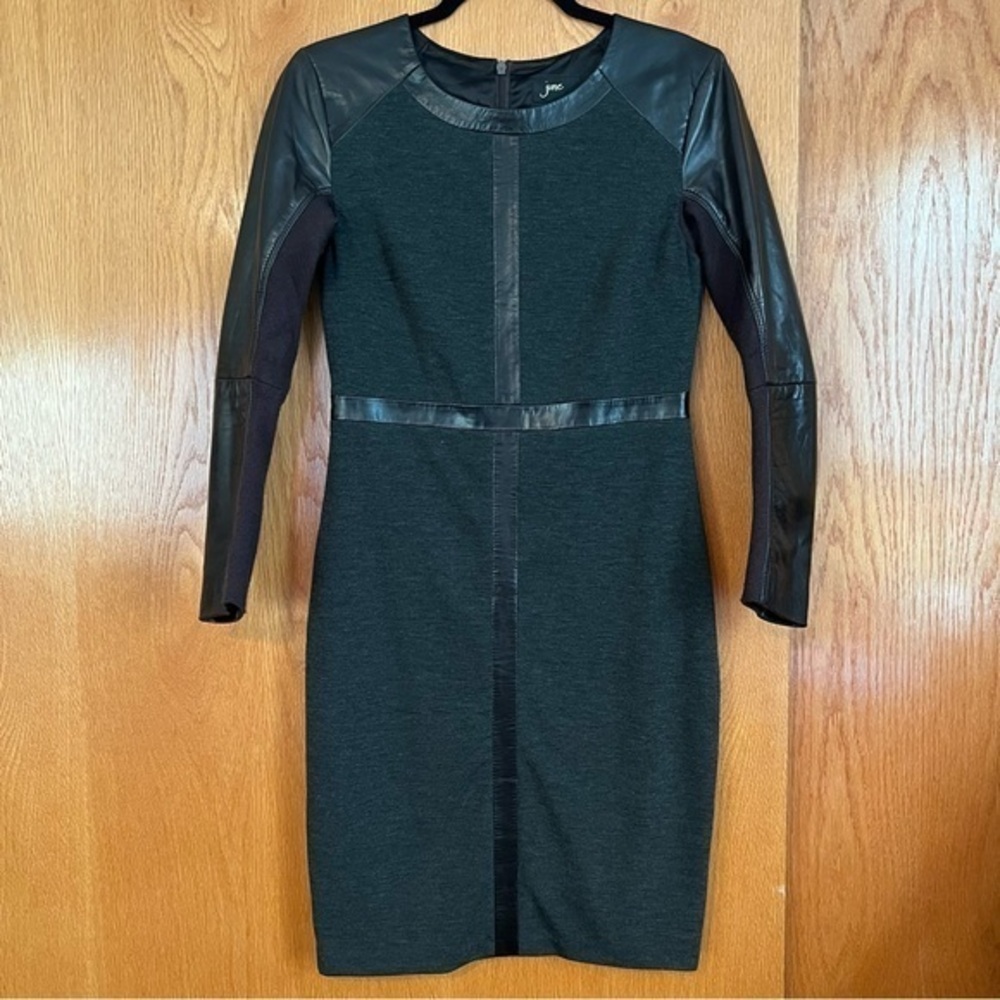 June size small dark gray dress with black leather trim